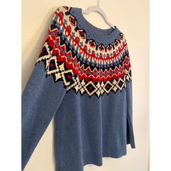 Chaps Women’s Blue Fair Isle Knit Crewneck Pullover Sweater Size M - Picture 2 of 5